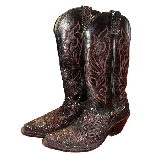 James Montague Nocona Black & Red Snakeskin Western Cowboy Boots - Picture 1 of 9